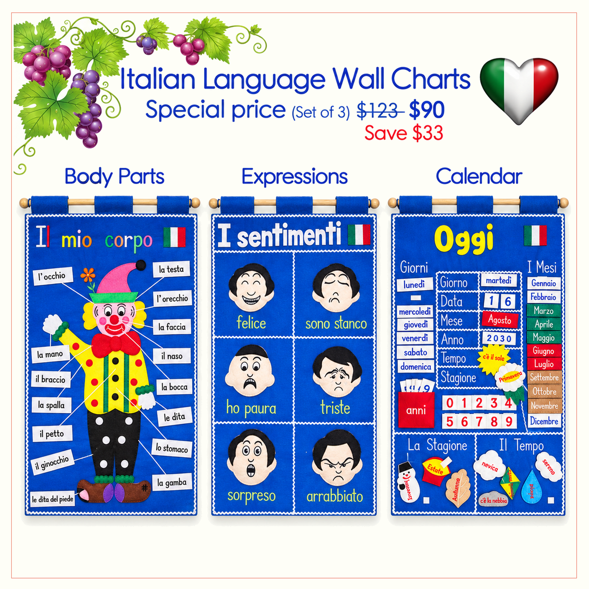 Italian Language - Fabric Wall Charts - 3 Set